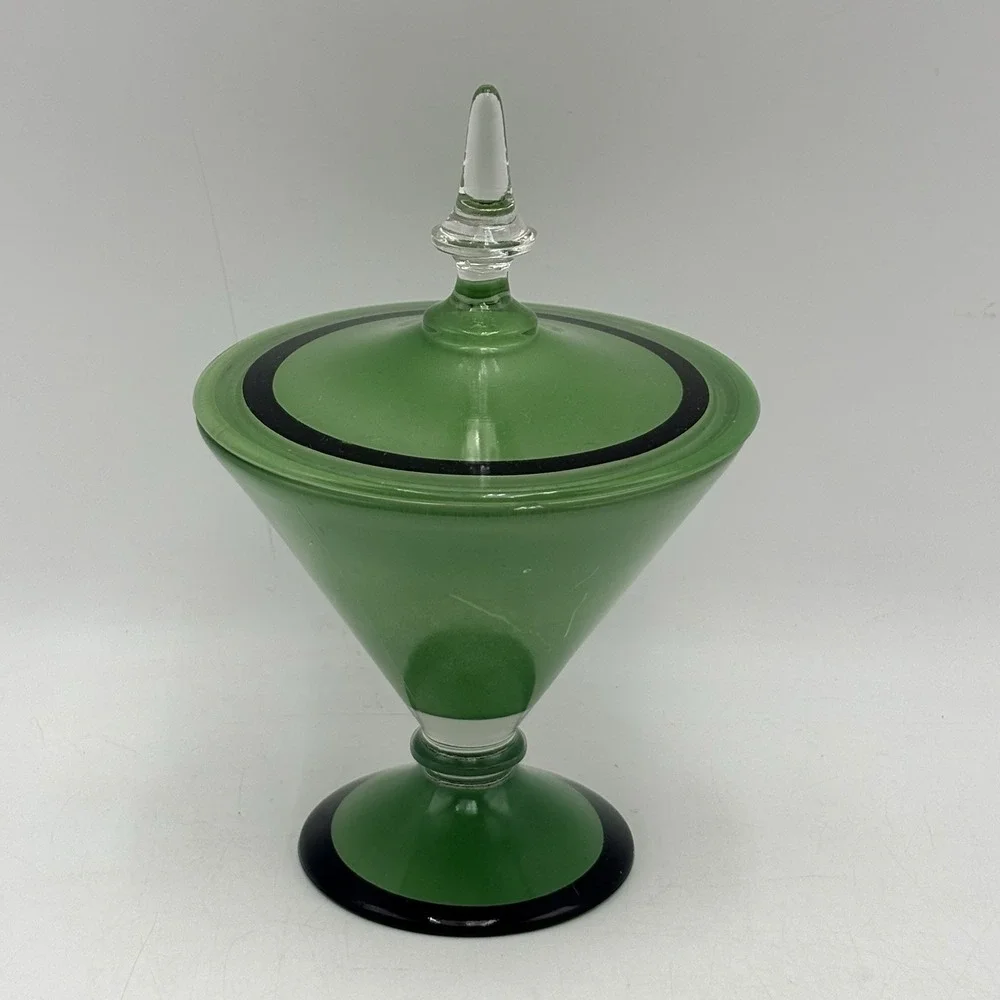 1960's Vintage Atomic MCM Black & Green Reverse Painted Compote or Candy w Lid